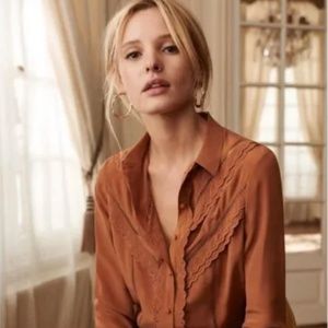 Sezane Celia Silk Blouse, Caramel Color Size 38